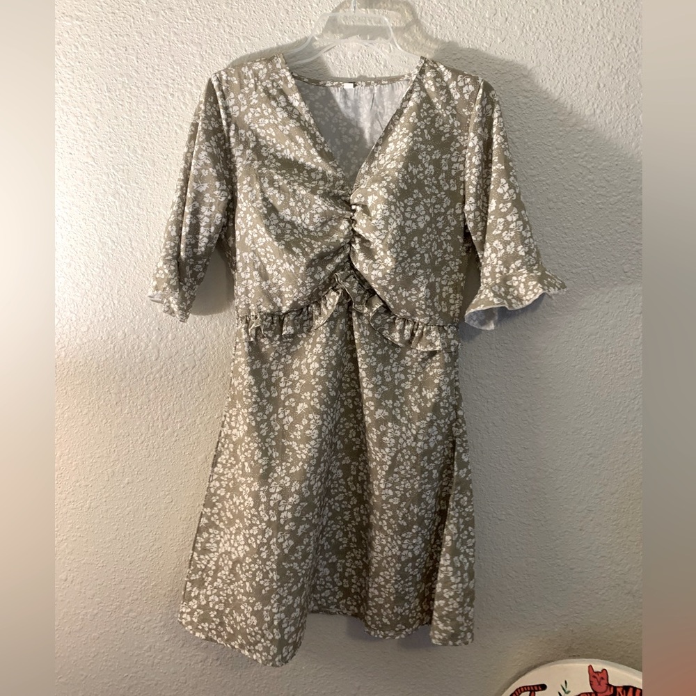 Olive Green & White Floral Dress